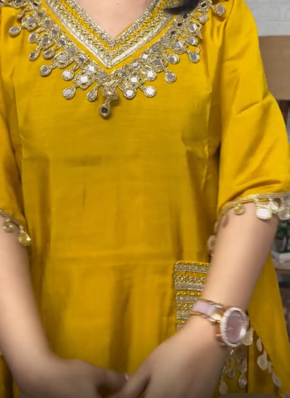 Mustard Yellow  Mirror Work Kaftan  Silk Cord Set