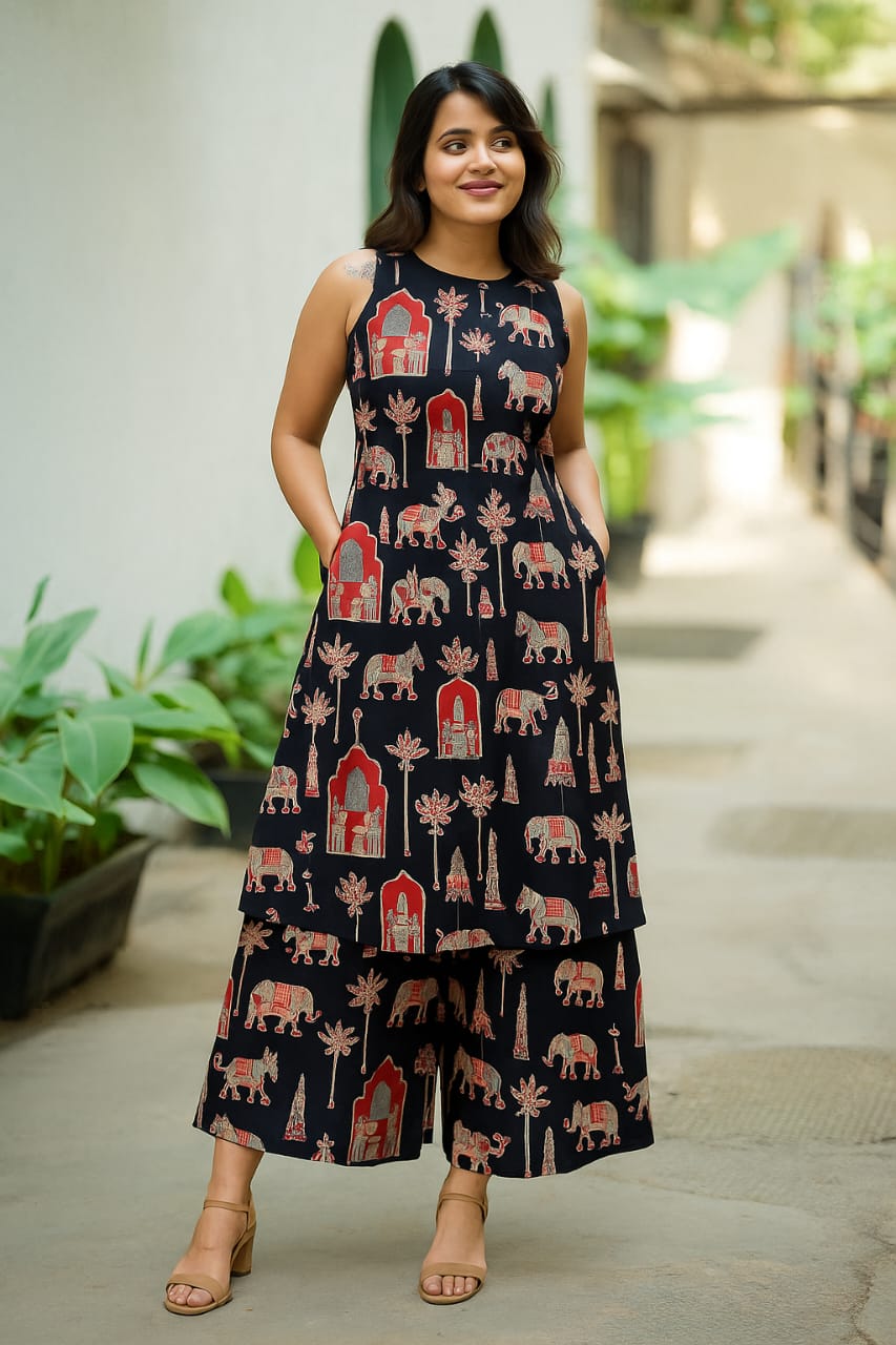 Black Printed Cotton Kurta Set