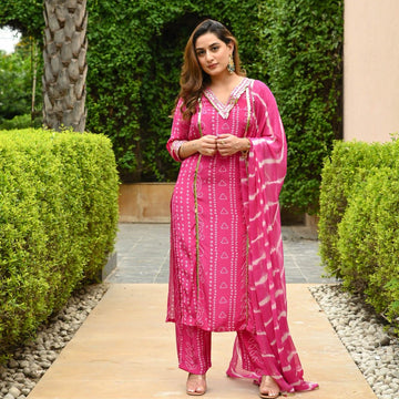 Cotton Bhandej Hot Pink Suit Set - Shukrana Fashion