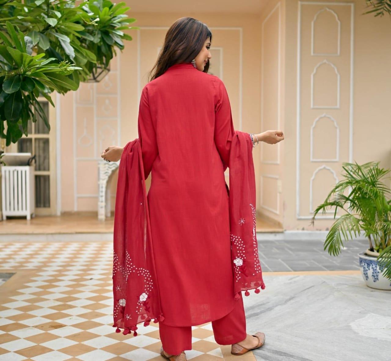 Cotton Red Suit with Mulmal Dupatta - Shukrana Fashion