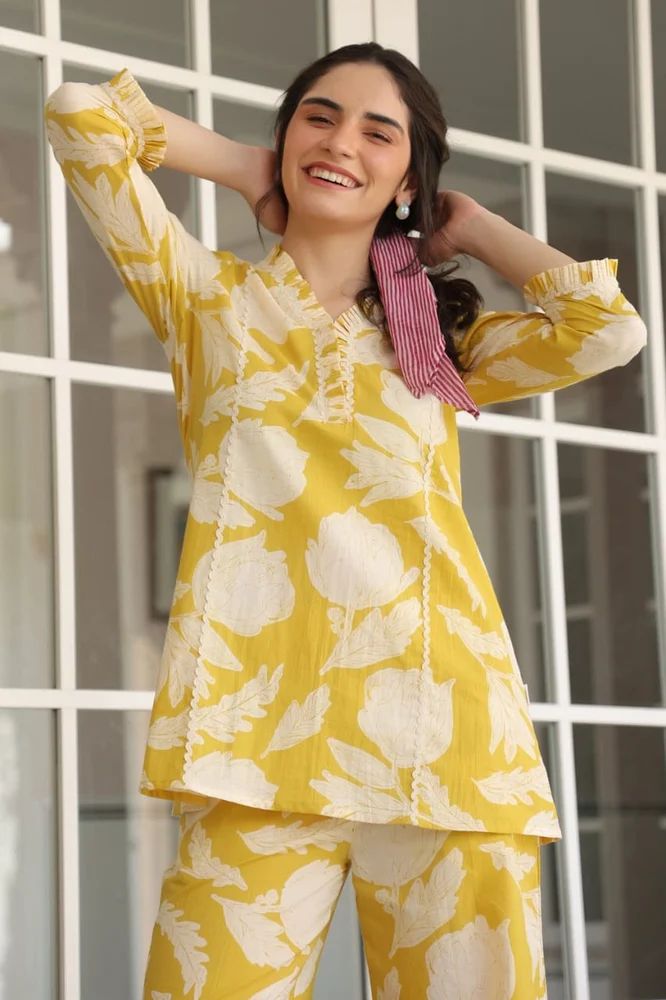 Yellow Stylish wear cotton cord set