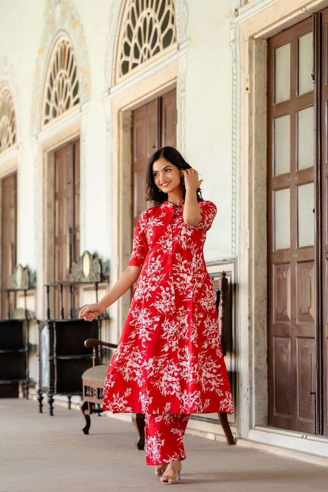 A-line Cotton Red Kurti  Set