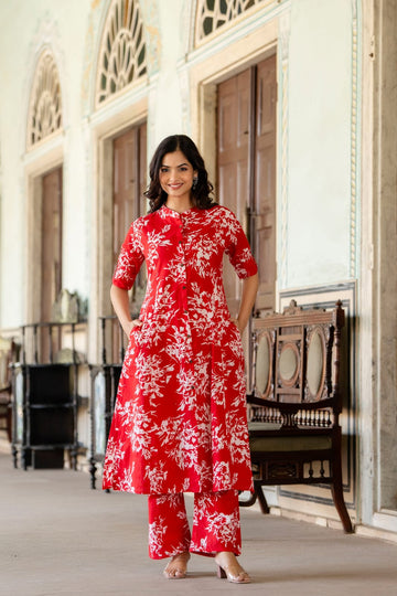 A-line Cotton Red Kurti  Set