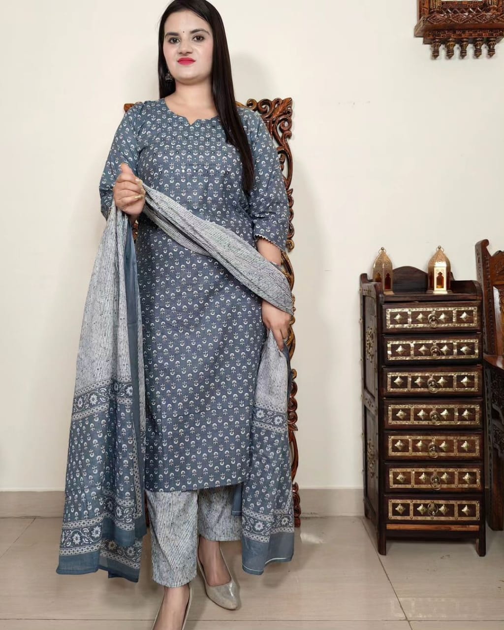 Cotton suit set 3 pcs with dupatta - Grey Colour